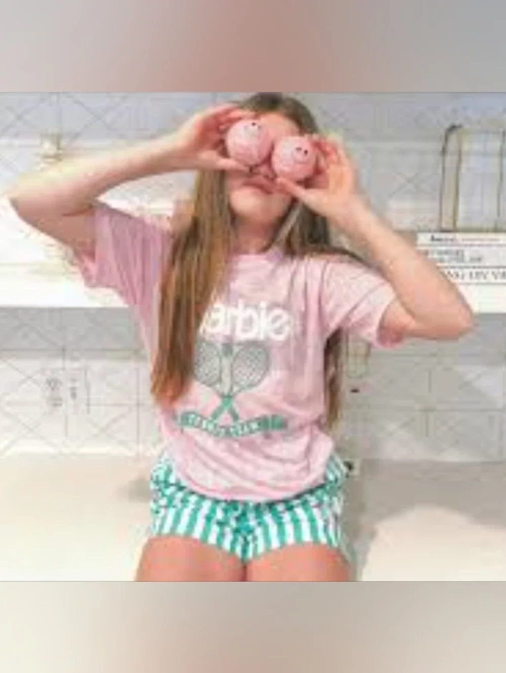 Barbie Pink Tee with Green Striped Tennis Shorts Pajama Set Size XL (14)